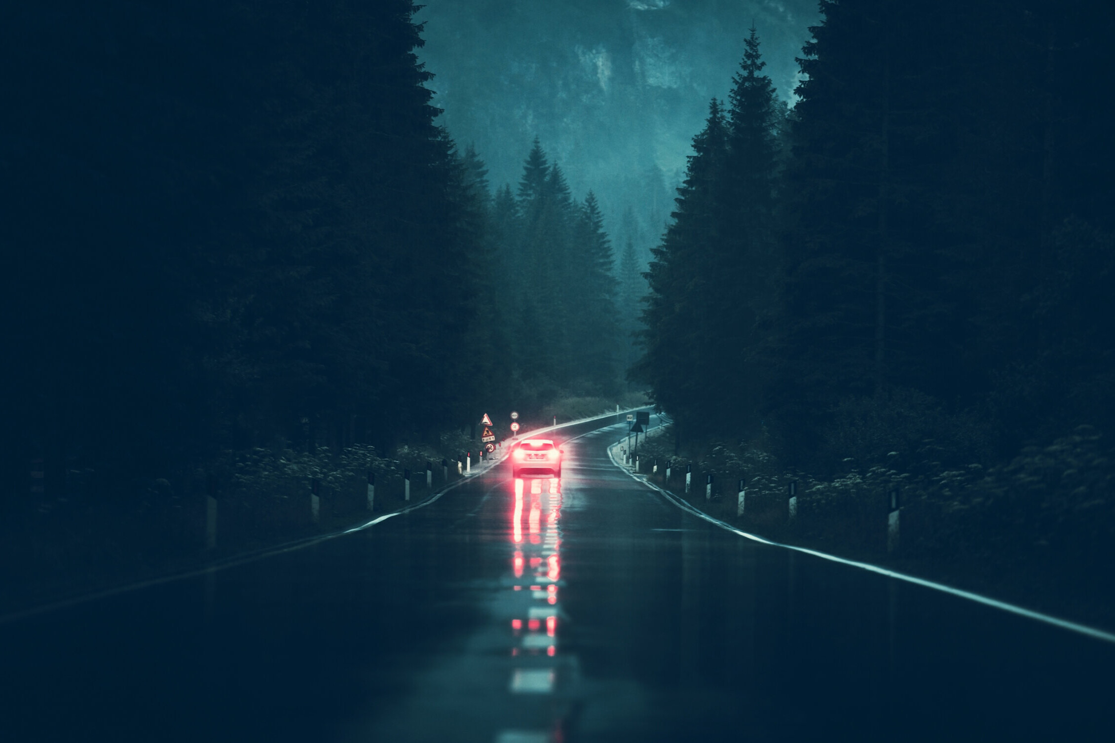 driving on wet country road at night